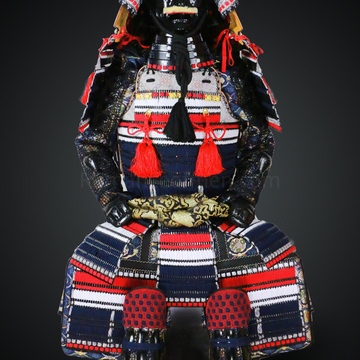 Takenaka Shigeharu Blue and Red Samurai Armor Oyoroi Style Kuwagata Maedate Black Scales Blue and Red Cords